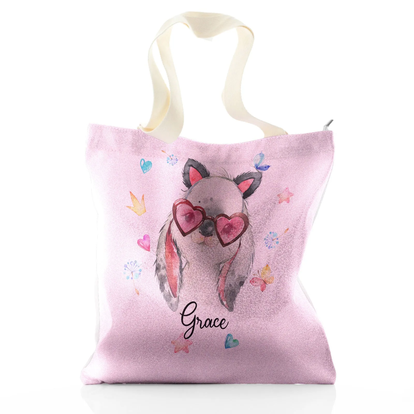Personalised Glitter Tote Bag with Grey Rabbit with Cat ears and Pink Heart Glasses and Cute Text