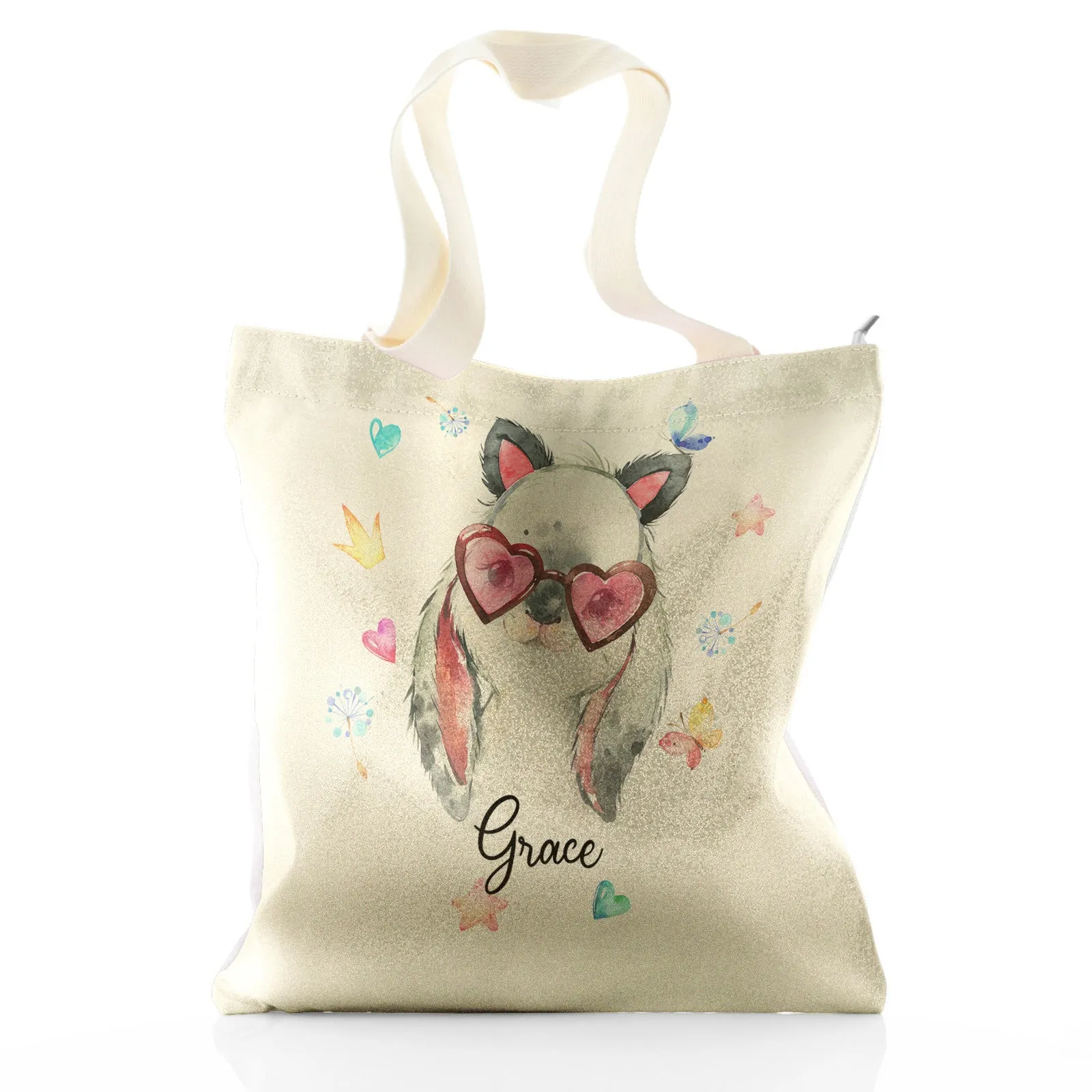 Personalised Glitter Tote Bag with Grey Rabbit with Cat ears and Pink Heart Glasses and Cute Text