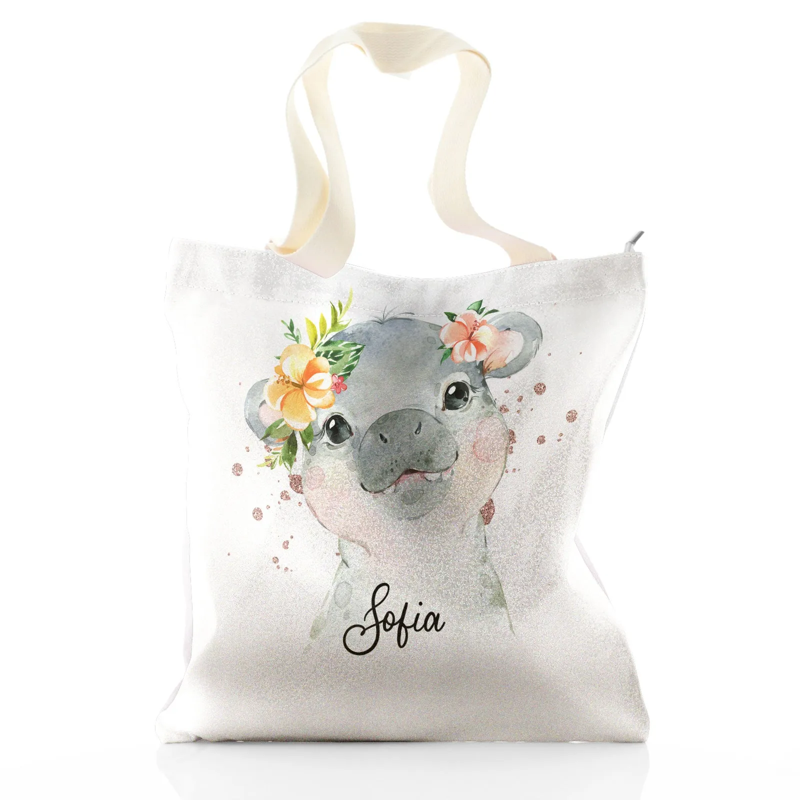 Personalised Glitter Tote Bag with Hippo Rain Drop Glitter Print and Cute Text