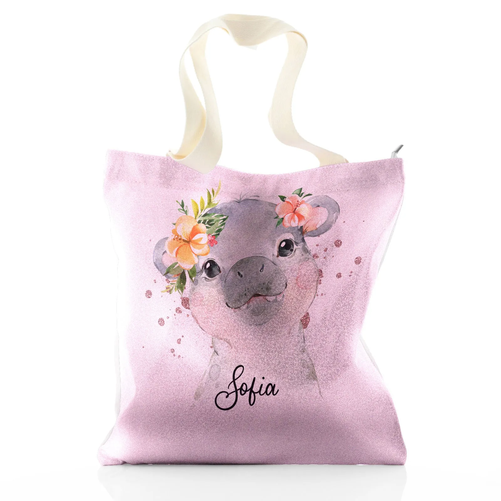 Personalised Glitter Tote Bag with Hippo Rain Drop Glitter Print and Cute Text