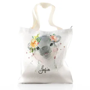Personalised Glitter Tote Bag with Hippo Rain Drop Glitter Print and Cute Text