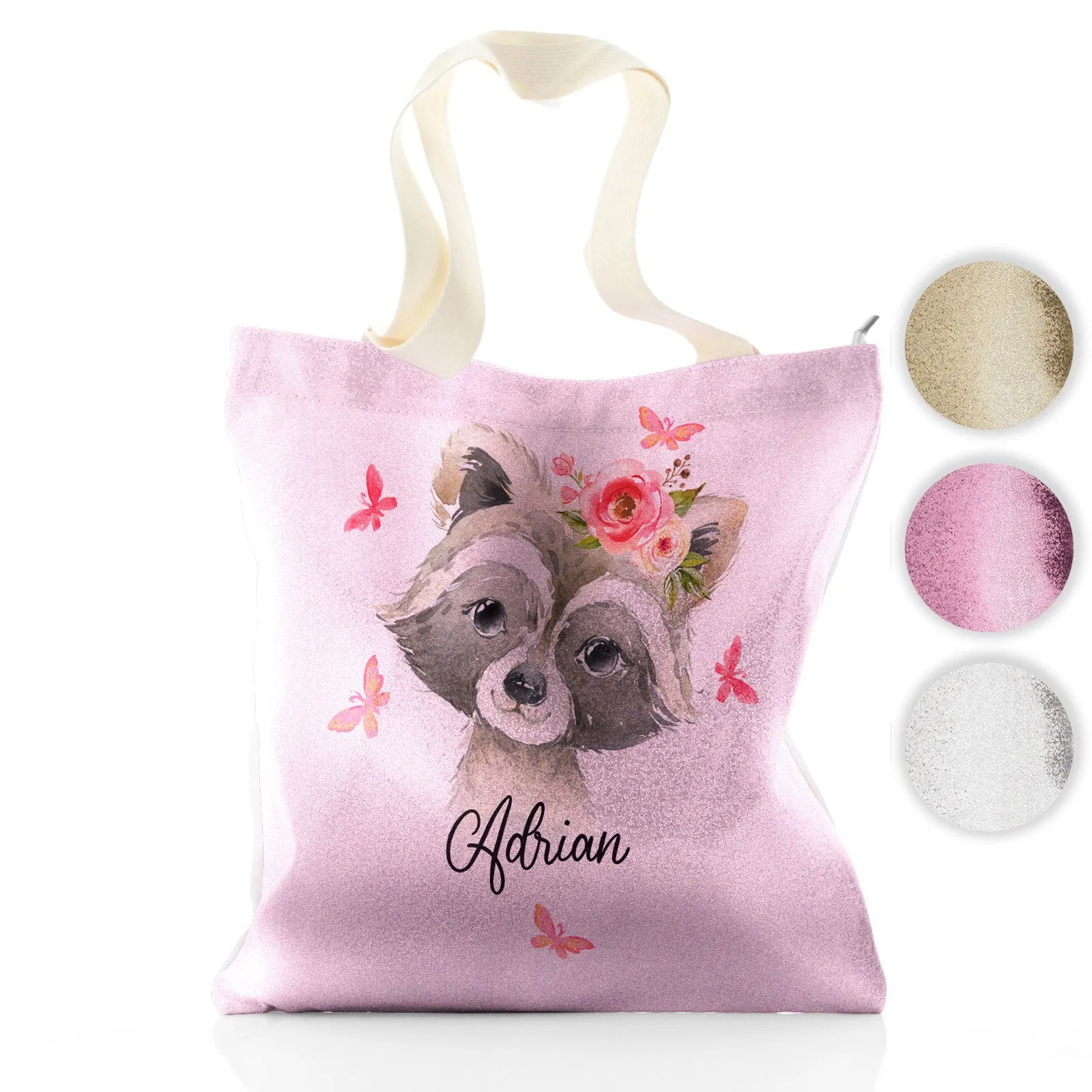 Personalised Glitter Tote Bag with Raccoon Pink Butterfly Flowers and Cute Text