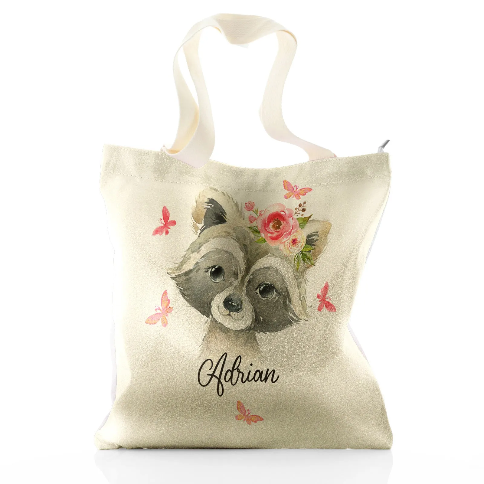 Personalised Glitter Tote Bag with Raccoon Pink Butterfly Flowers and Cute Text