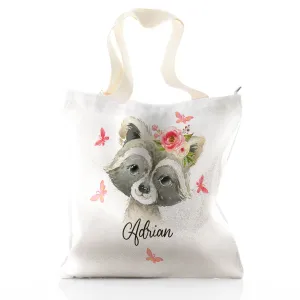 Personalised Glitter Tote Bag with Raccoon Pink Butterfly Flowers and Cute Text