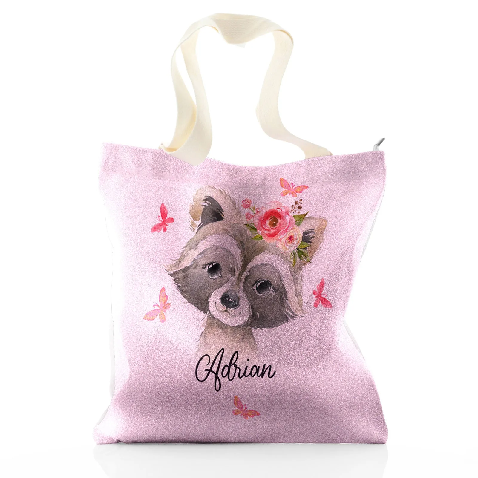 Personalised Glitter Tote Bag with Raccoon Pink Butterfly Flowers and Cute Text