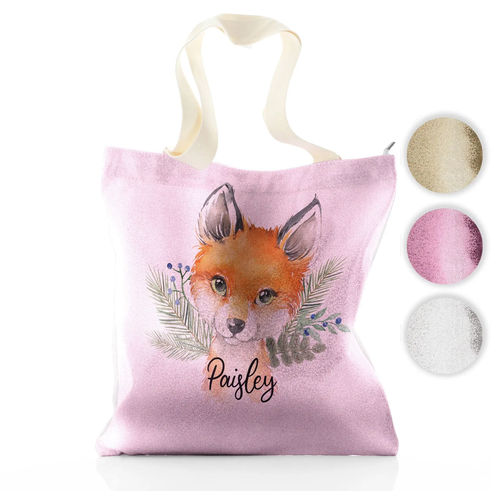 Personalised Glitter Tote Bag with Red Fox Blue Berries and Cute Text