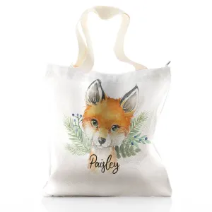 Personalised Glitter Tote Bag with Red Fox Blue Berries and Cute Text
