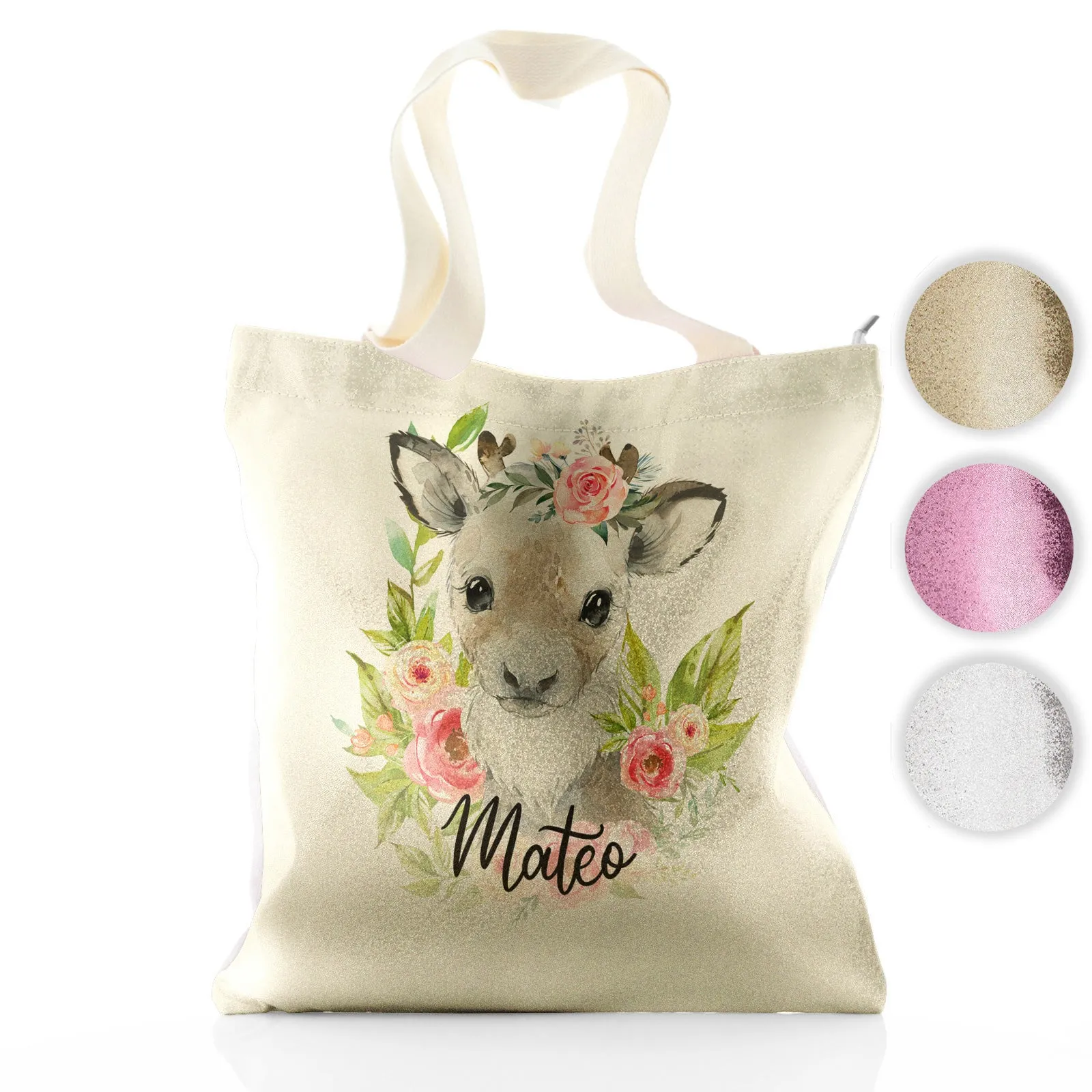 Personalised Glitter Tote Bag with Reindeer Pink Flowers and Cute Text