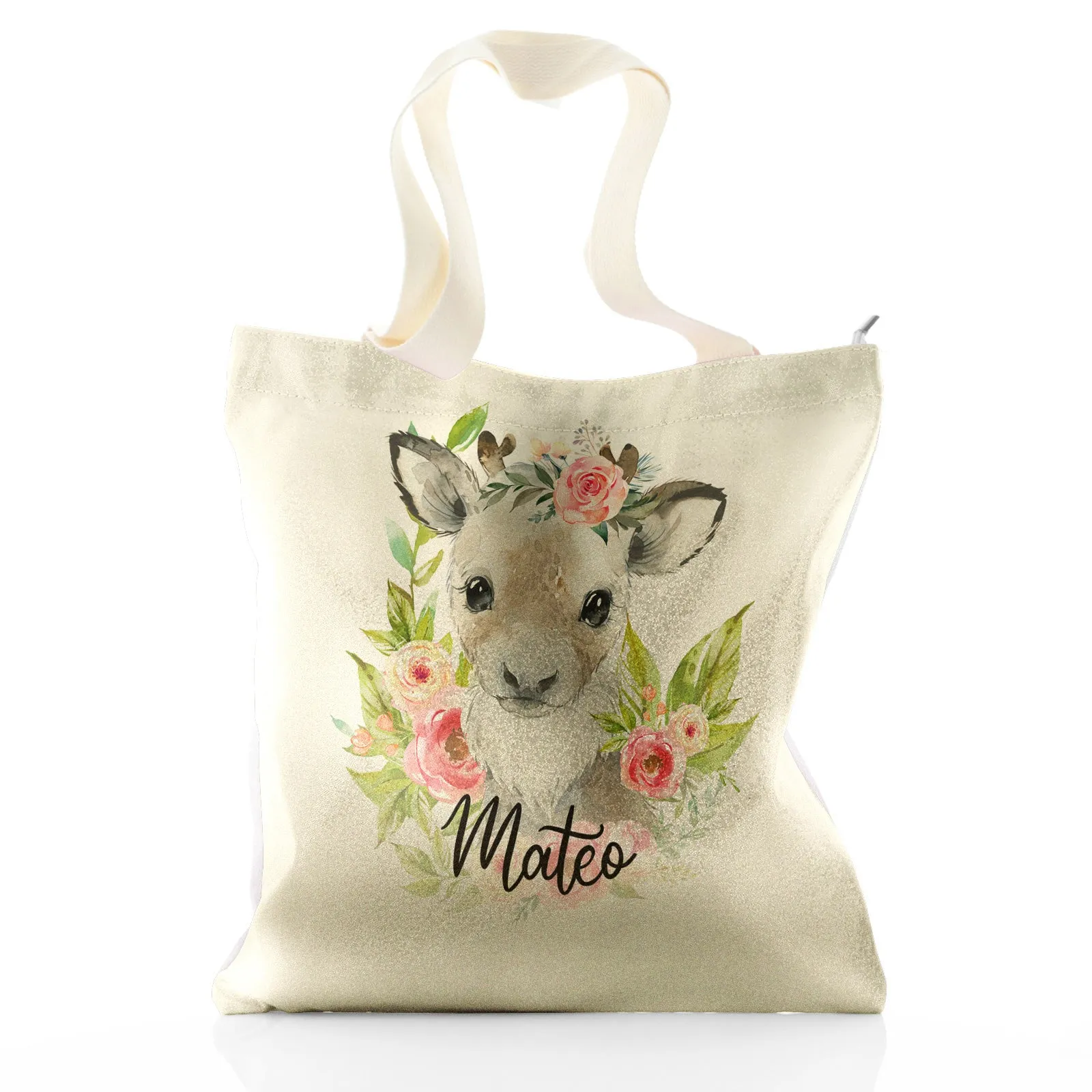 Personalised Glitter Tote Bag with Reindeer Pink Flowers and Cute Text