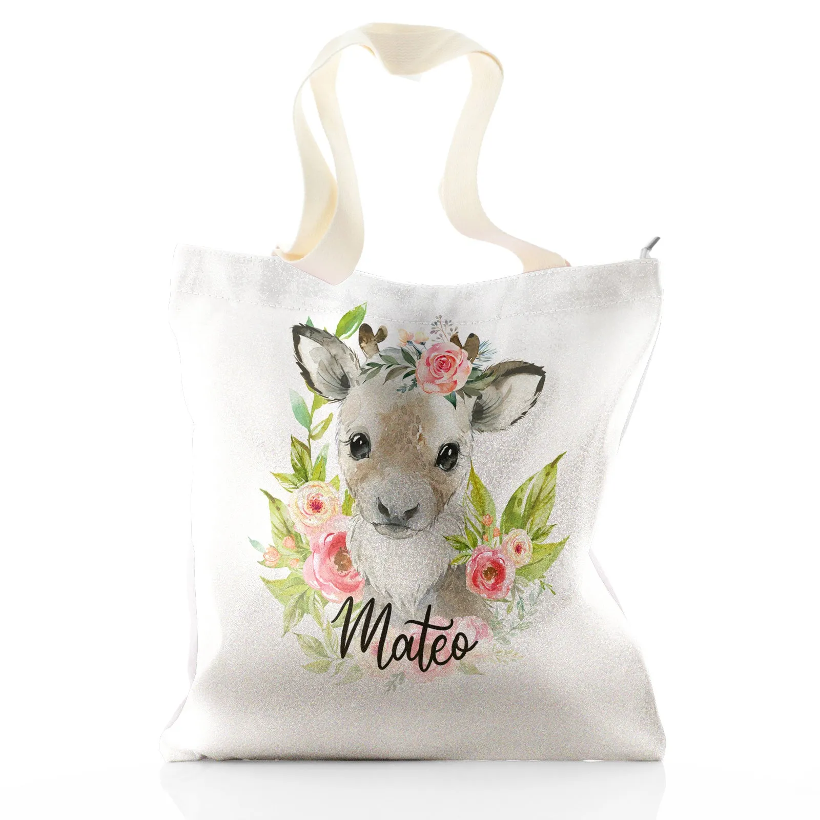 Personalised Glitter Tote Bag with Reindeer Pink Flowers and Cute Text