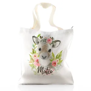 Personalised Glitter Tote Bag with Reindeer Pink Flowers and Cute Text