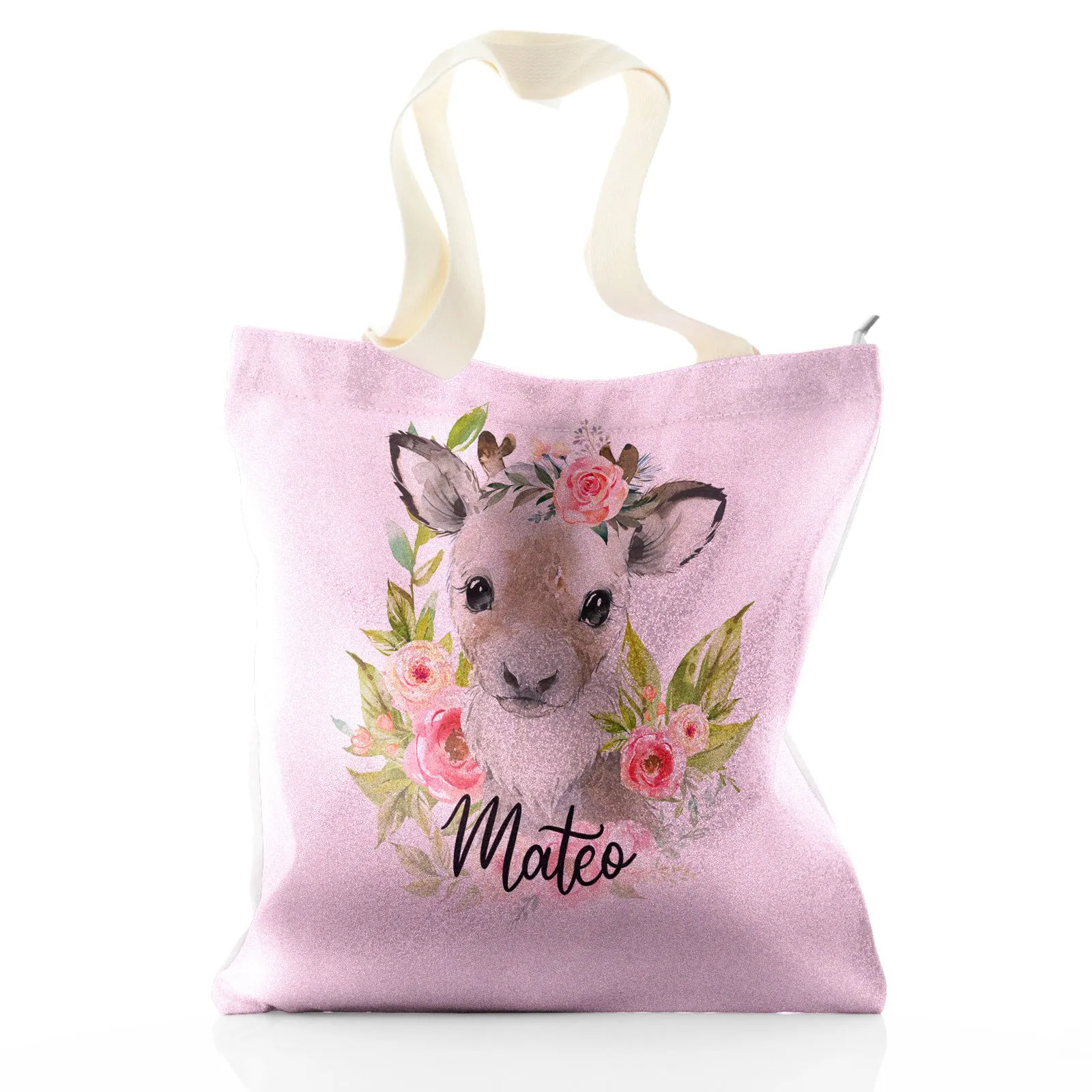 Personalised Glitter Tote Bag with Reindeer Pink Flowers and Cute Text