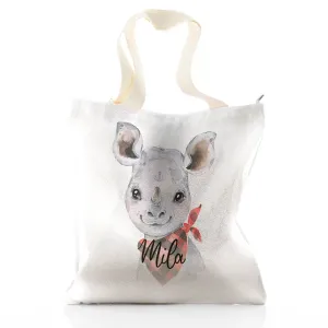 Personalised Glitter Tote Bag with Rhino Red and Black Check Neck and Cute Text