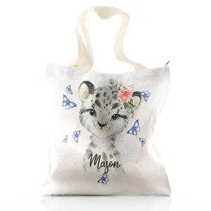 Personalised Glitter Tote Bag with Snow Leopard Blue Butterflies and Cute Text