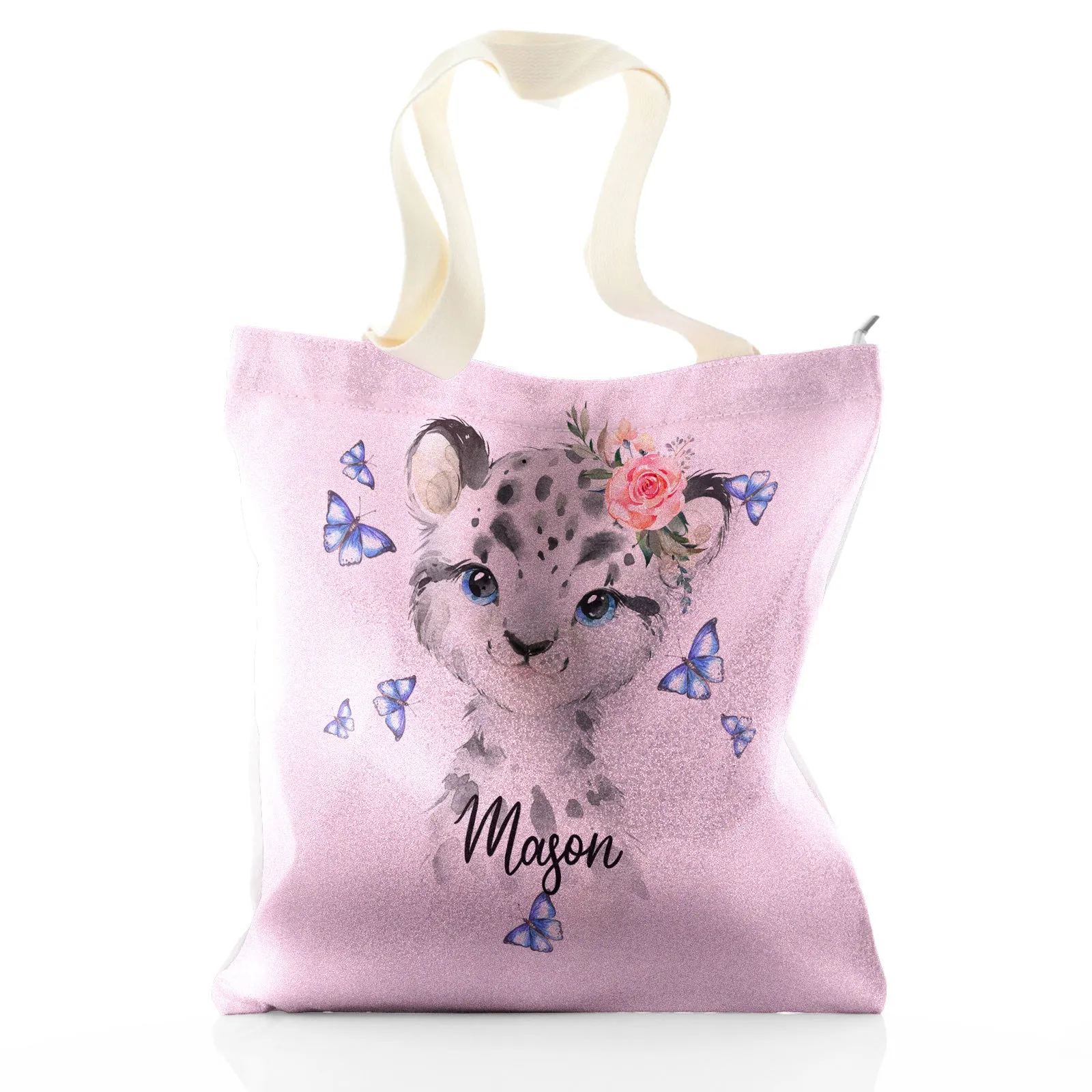 Personalised Glitter Tote Bag with Snow Leopard Blue Butterflies and Cute Text