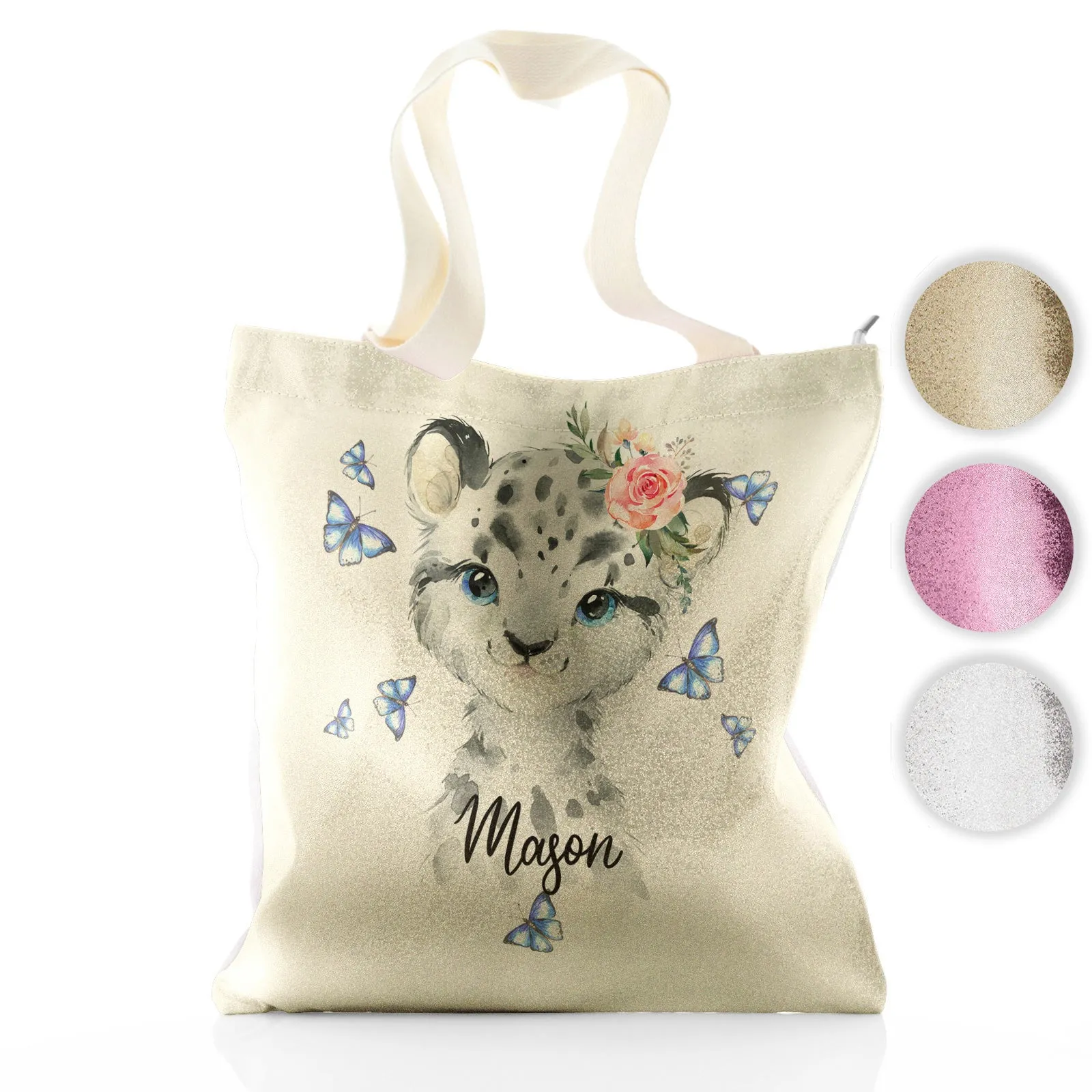 Personalised Glitter Tote Bag with Snow Leopard Blue Butterflies and Cute Text