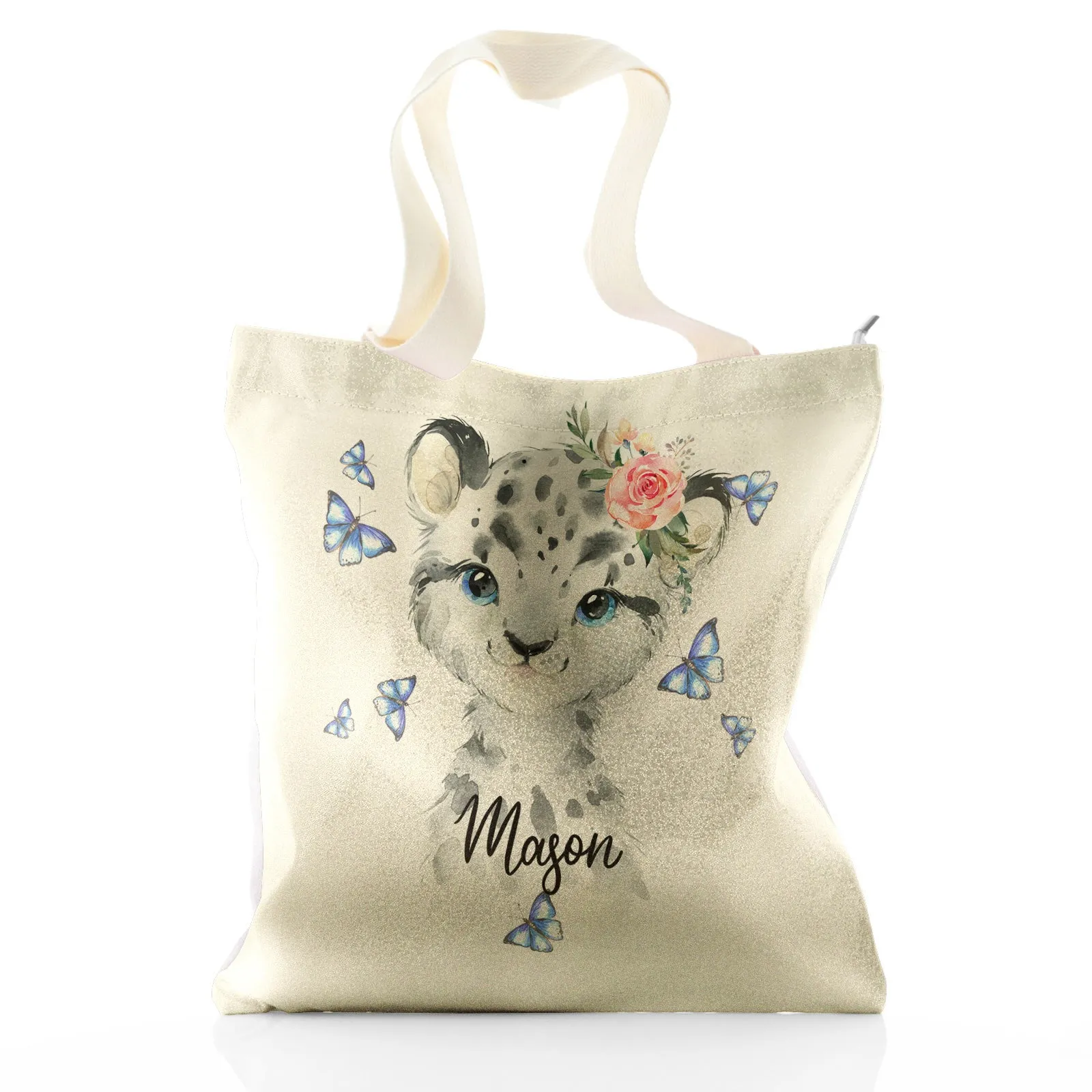 Personalised Glitter Tote Bag with Snow Leopard Blue Butterflies and Cute Text