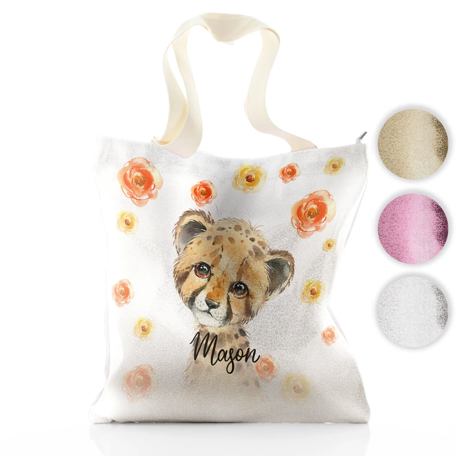 Personalised Glitter Tote Bag with Spotty Leopard Cat Red and Yellow Flowers and Cute Text
