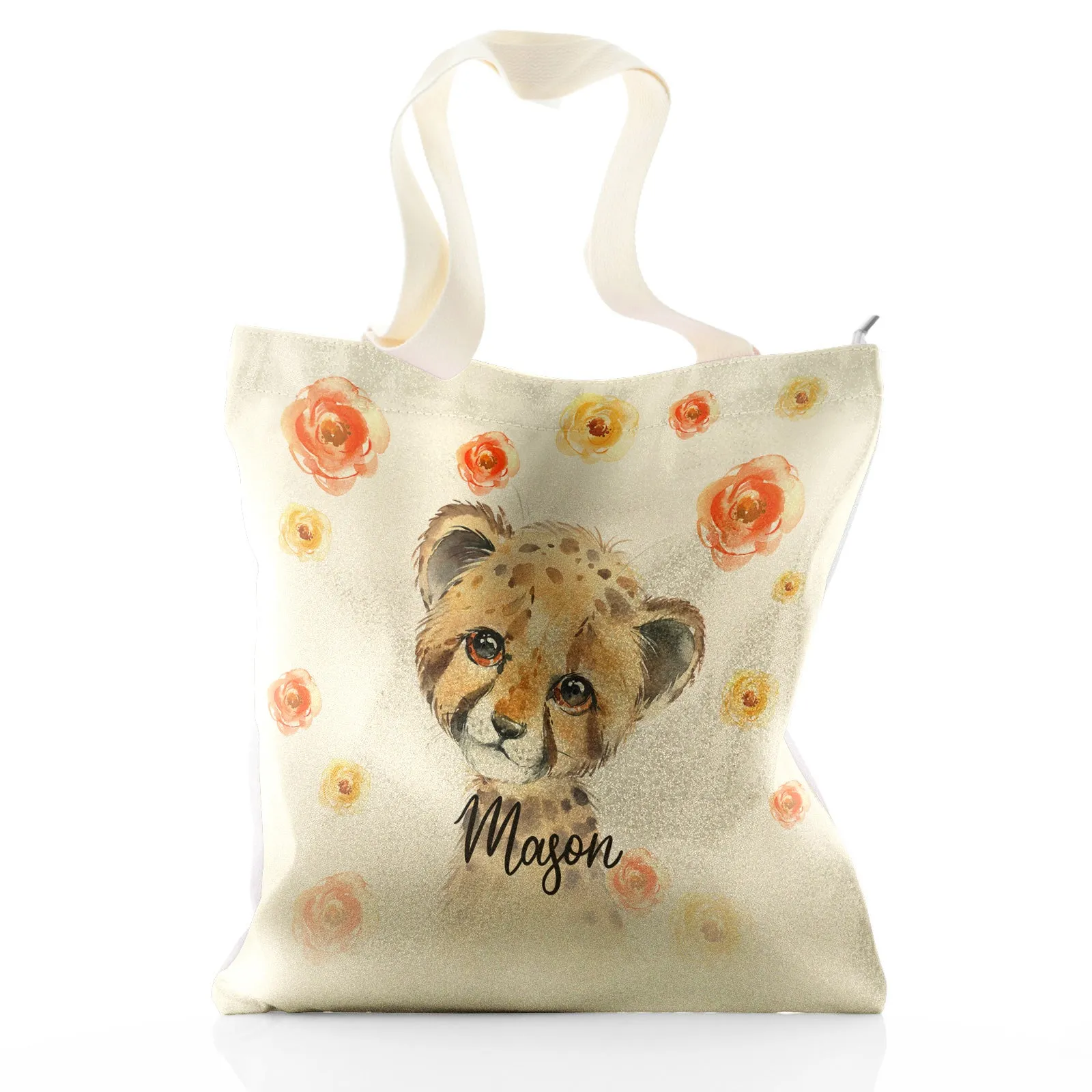 Personalised Glitter Tote Bag with Spotty Leopard Cat Red and Yellow Flowers and Cute Text