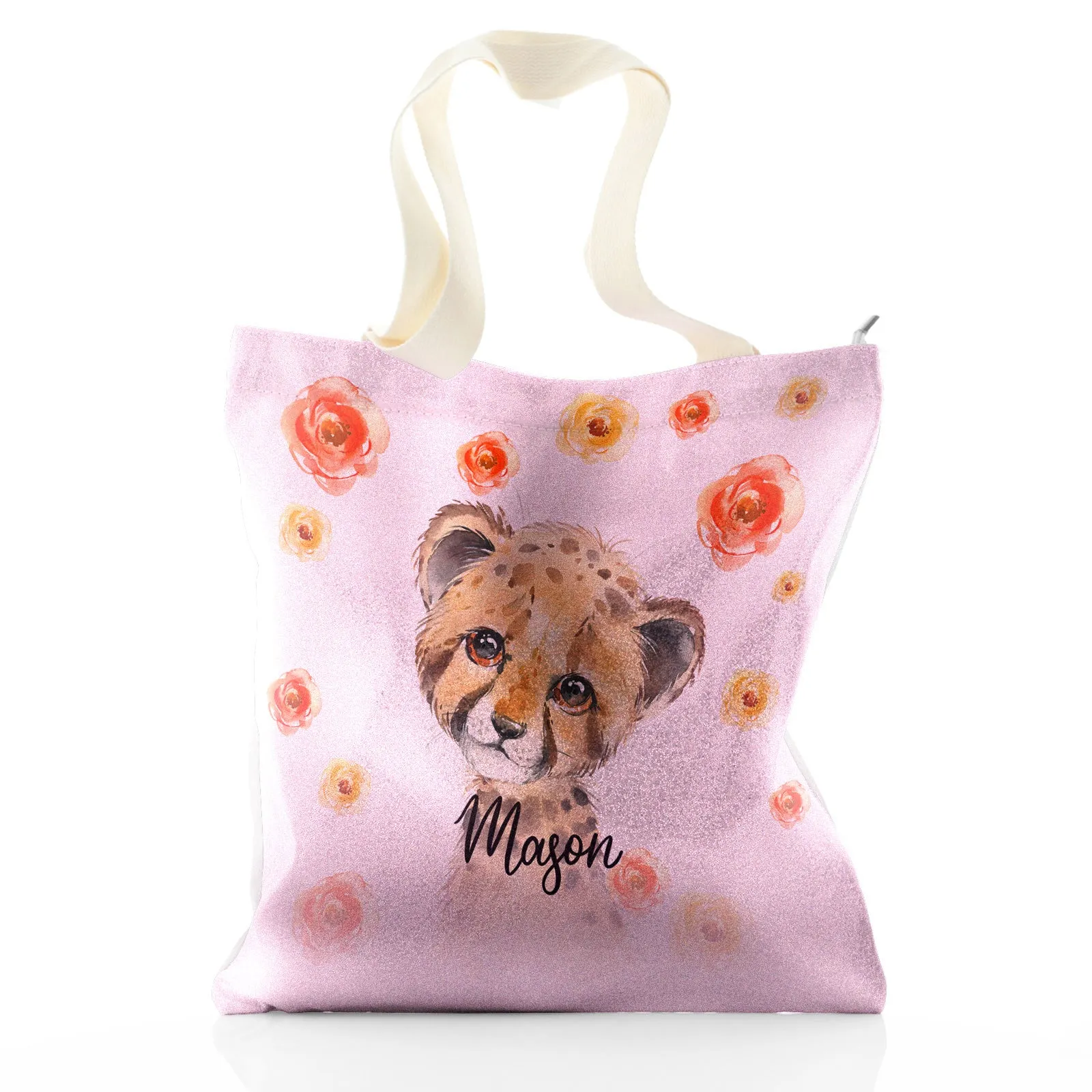 Personalised Glitter Tote Bag with Spotty Leopard Cat Red and Yellow Flowers and Cute Text