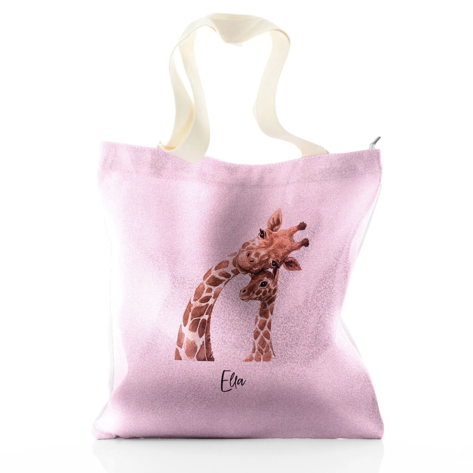 Personalised Glitter Tote Bag with Welcoming Text and Relaxing Mum and Baby Giraffes