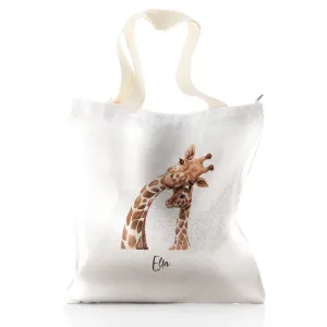 Personalised Glitter Tote Bag with Welcoming Text and Relaxing Mum and Baby Giraffes