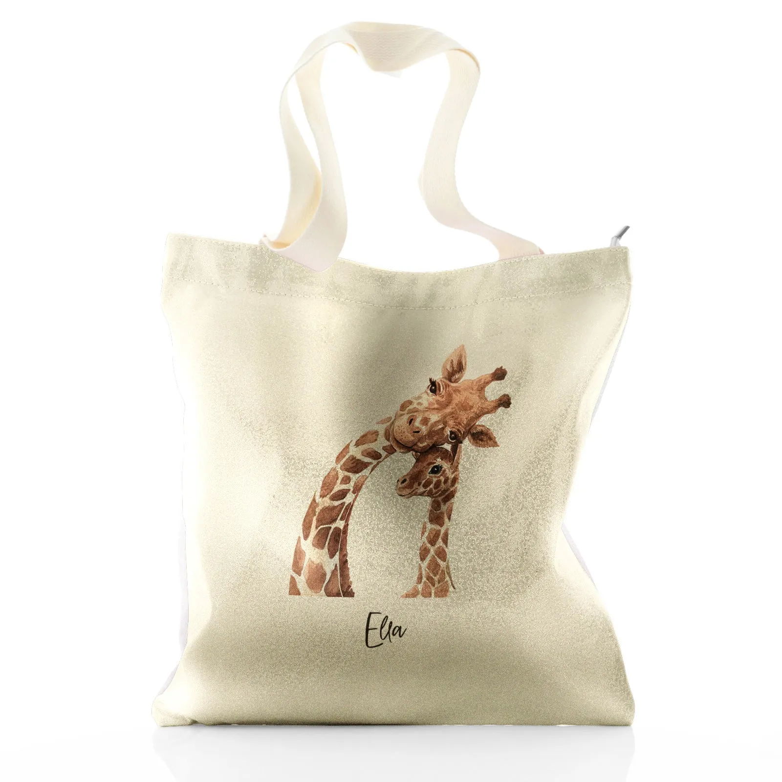 Personalised Glitter Tote Bag with Welcoming Text and Relaxing Mum and Baby Giraffes