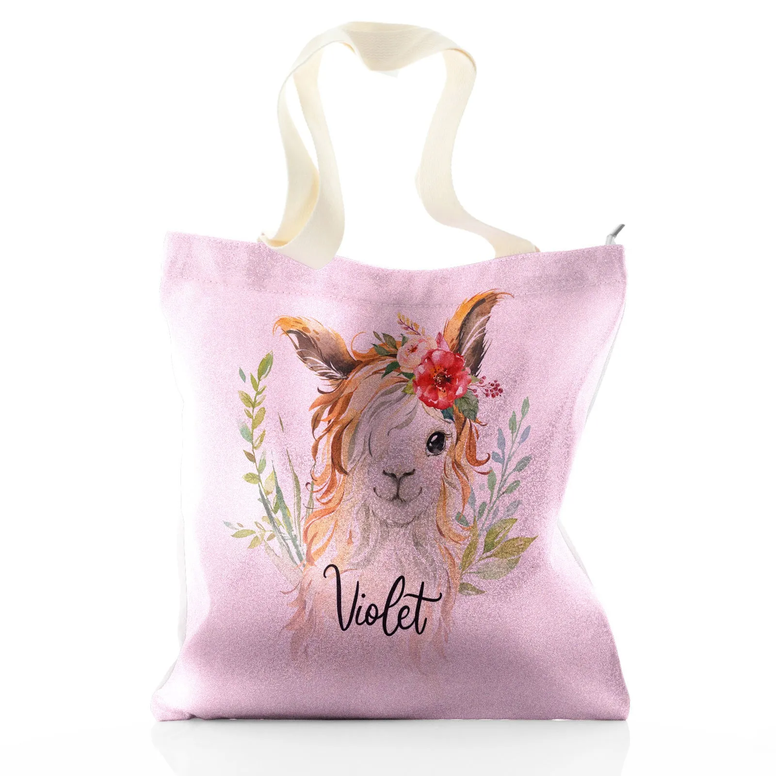 Personalised Glitter Tote Bag with White Goat with Red Flower Hair and Cute Text