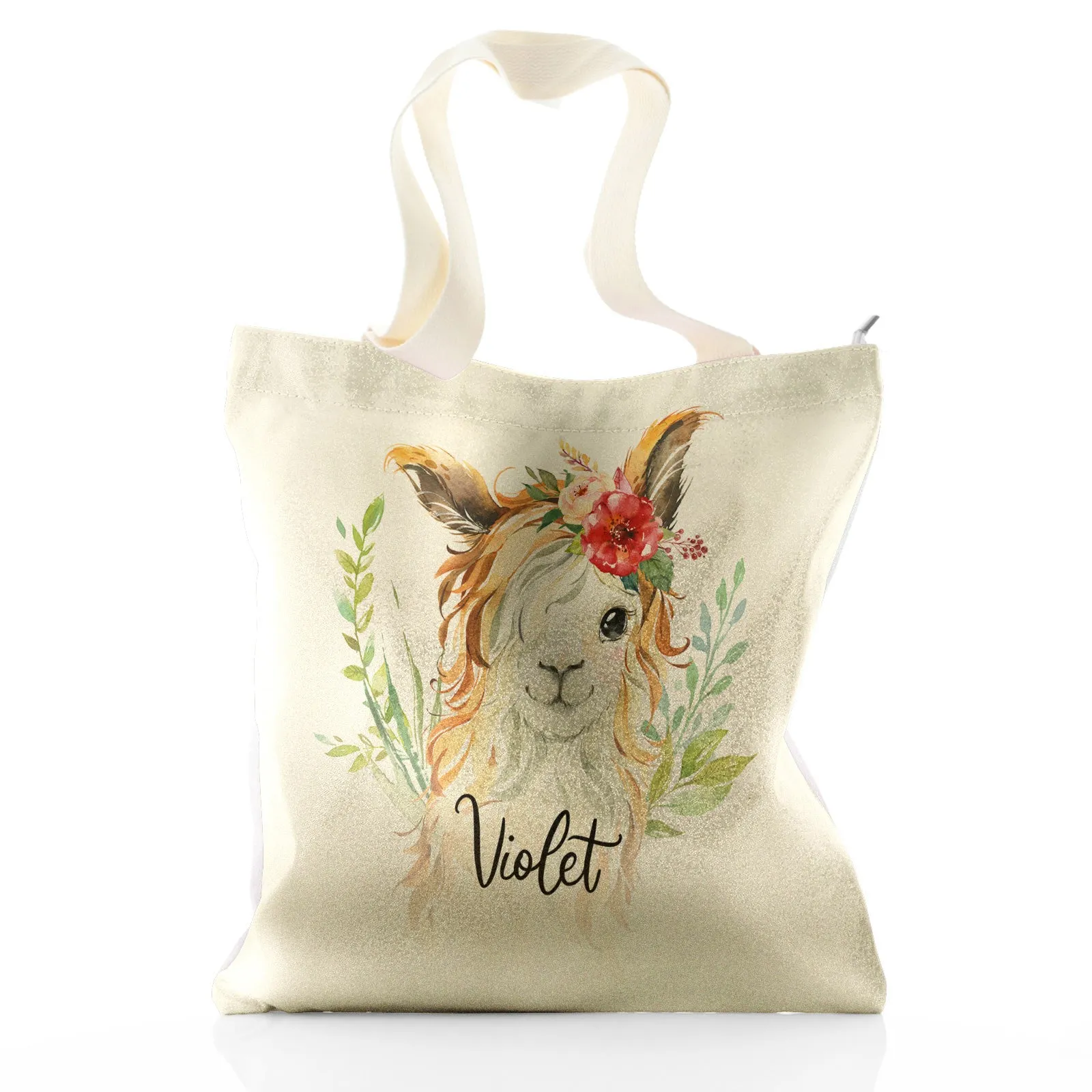 Personalised Glitter Tote Bag with White Goat with Red Flower Hair and Cute Text