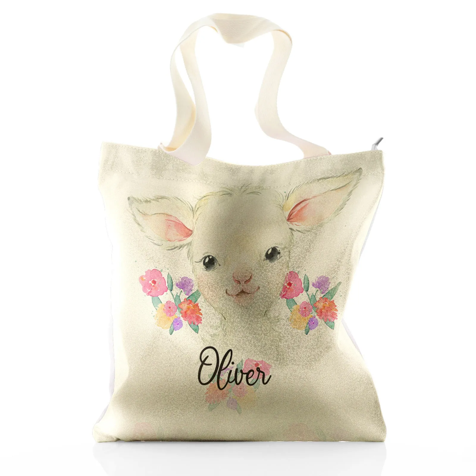 Personalised Glitter Tote Bag with White Lamb Flowers and Cute Text