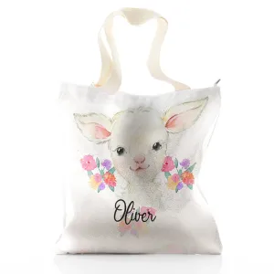 Personalised Glitter Tote Bag with White Lamb Flowers and Cute Text