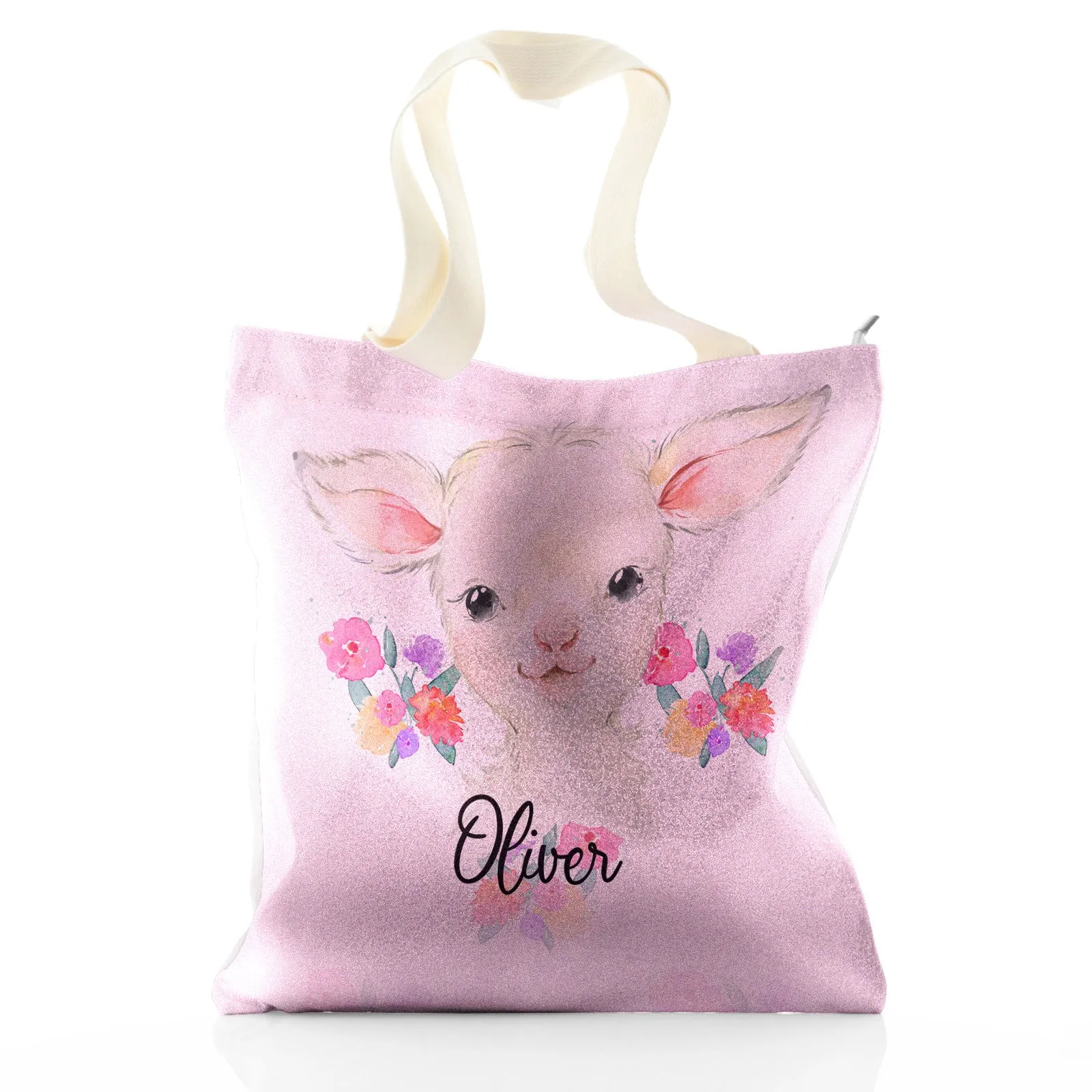 Personalised Glitter Tote Bag with White Lamb Flowers and Cute Text