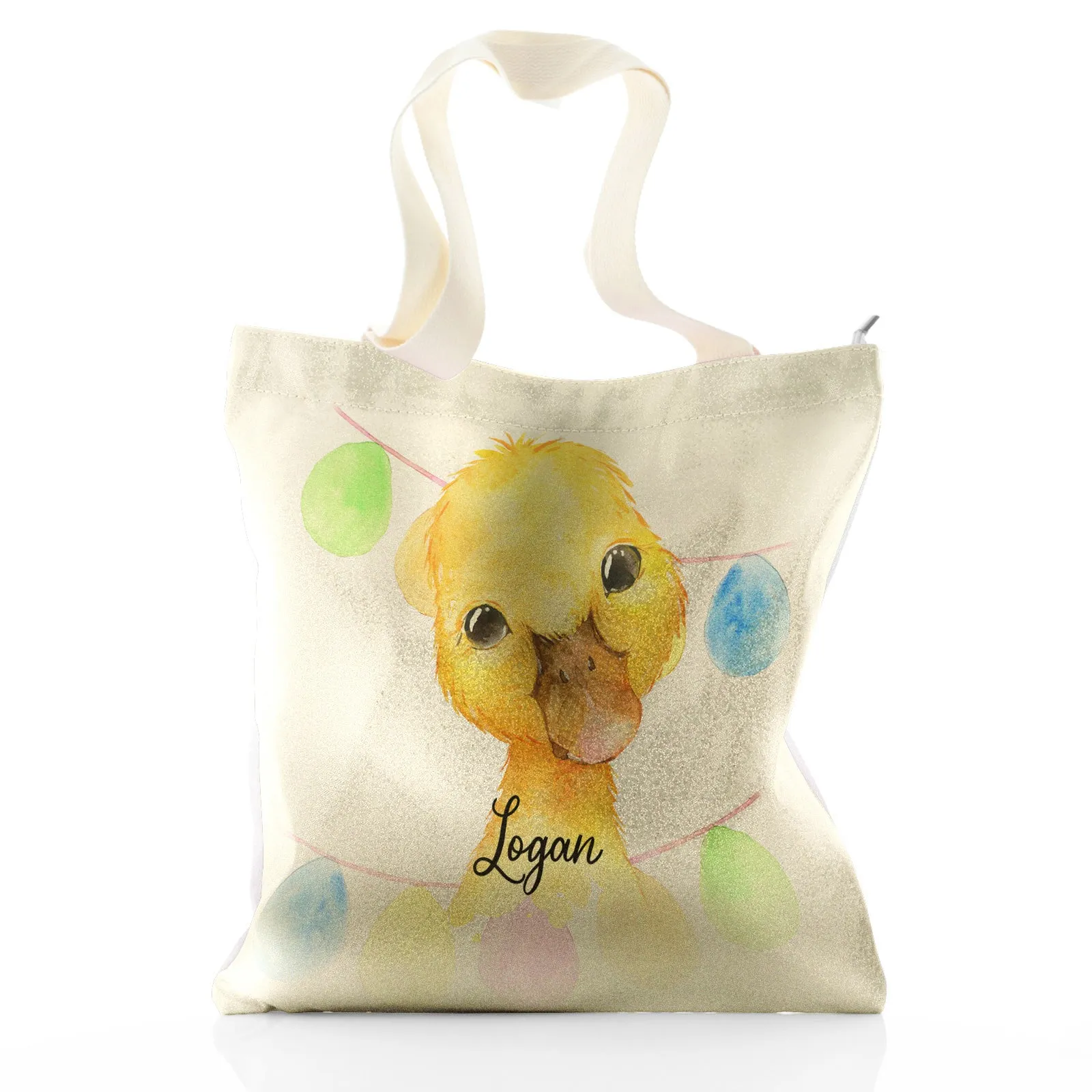 Personalised Glitter Tote Bag with Yellow Duck Multicolour Buntin and Cute Text