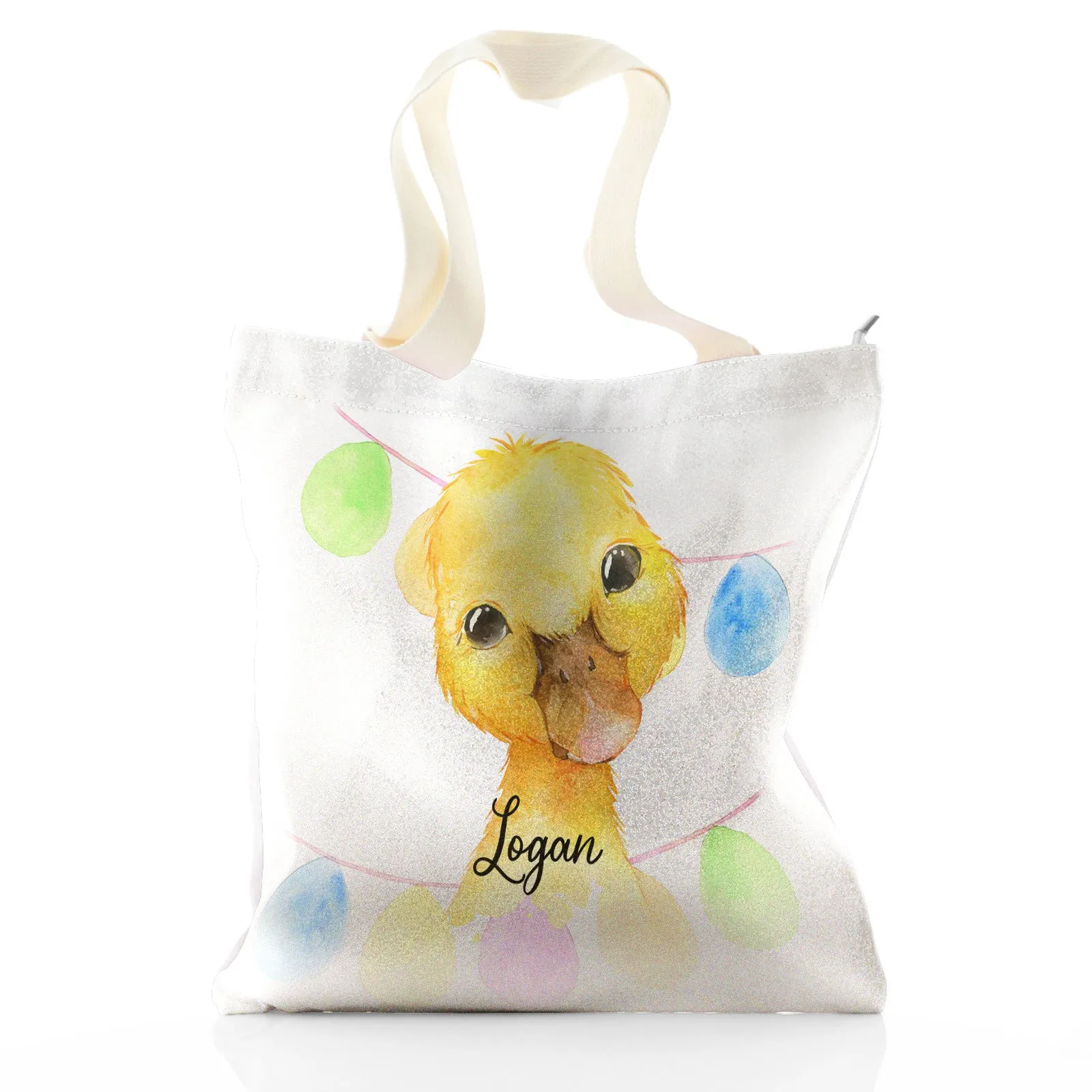 Personalised Glitter Tote Bag with Yellow Duck Multicolour Buntin and Cute Text
