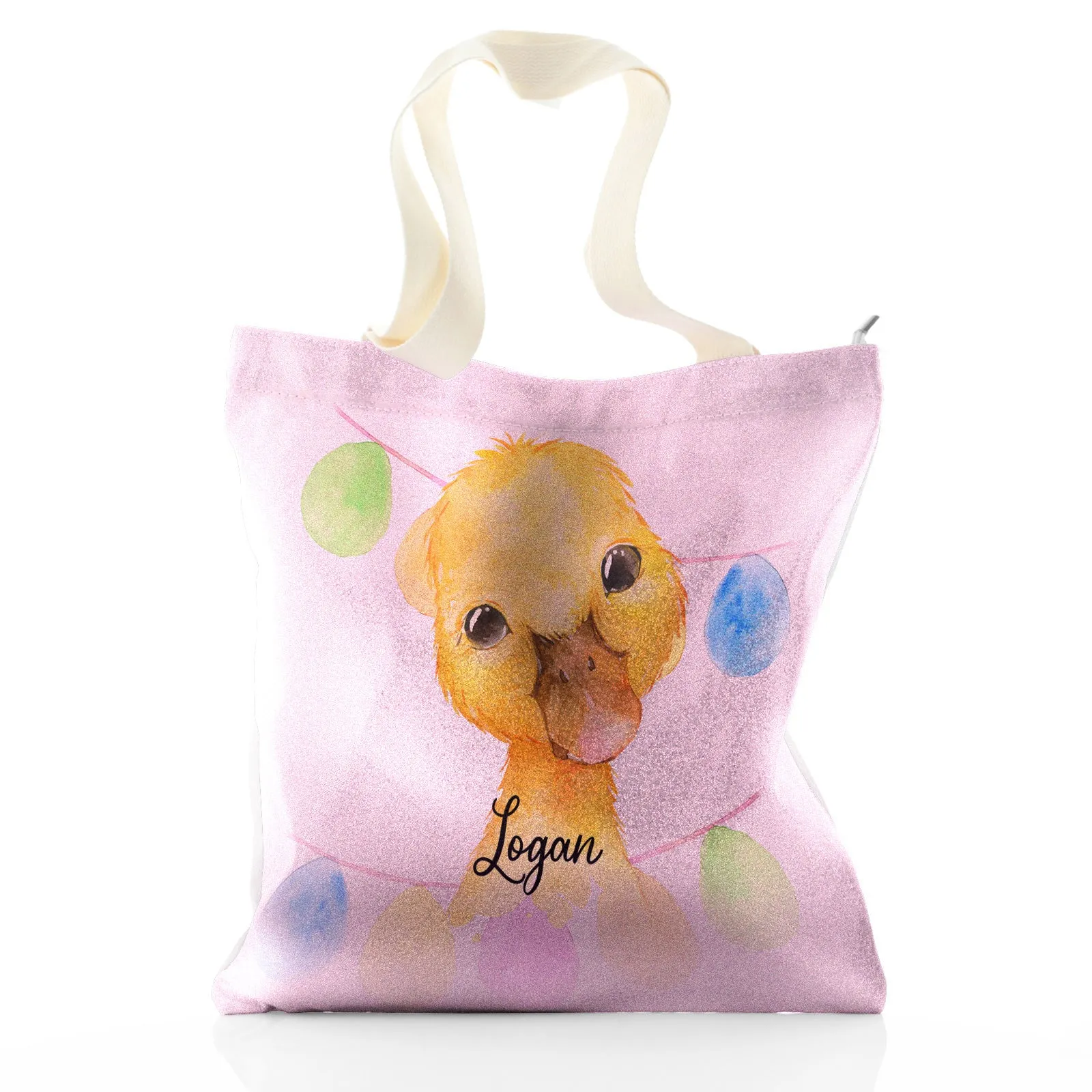 Personalised Glitter Tote Bag with Yellow Duck Multicolour Buntin and Cute Text