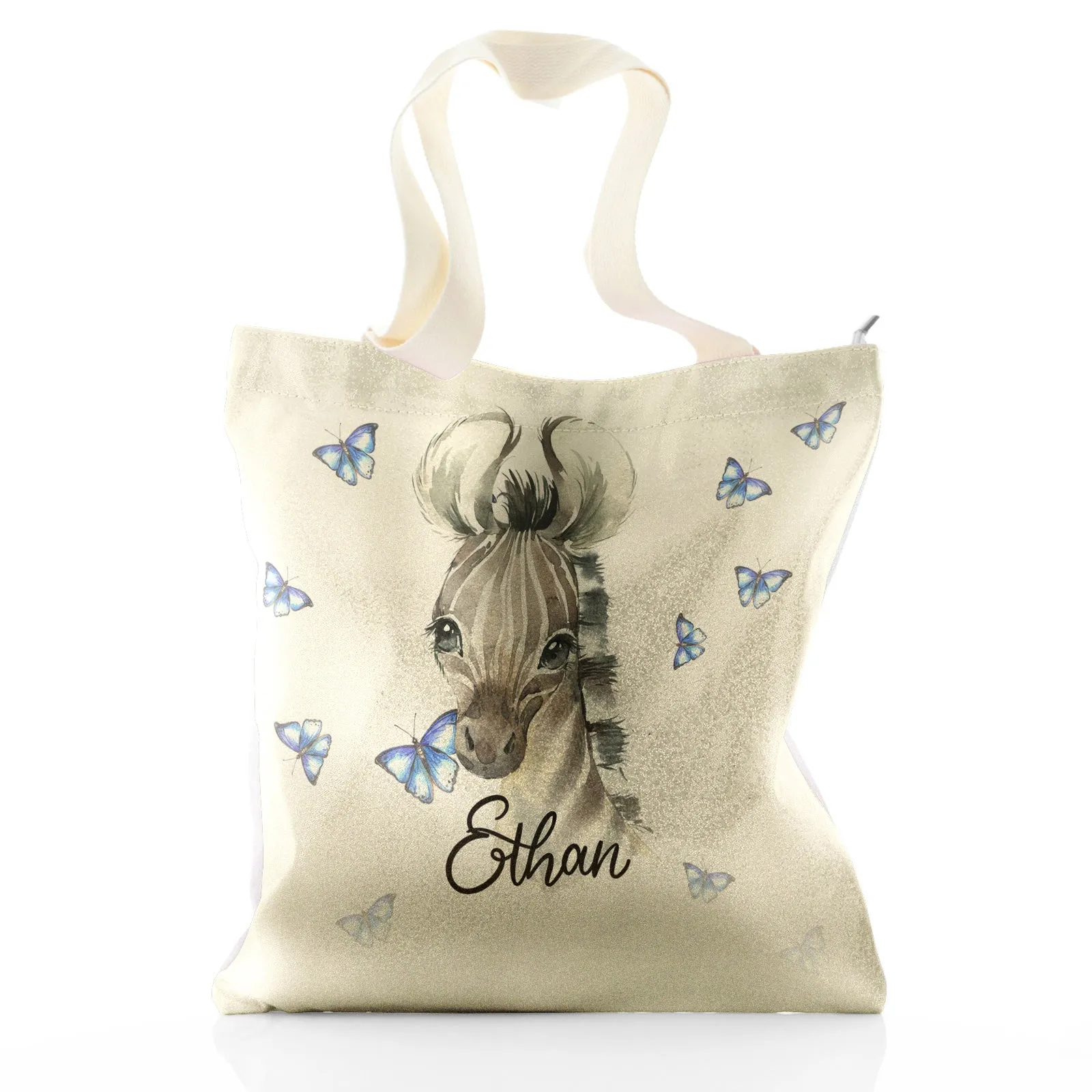 Personalised Glitter Tote Bag with Zebra Blue Butterfly and Cute Text