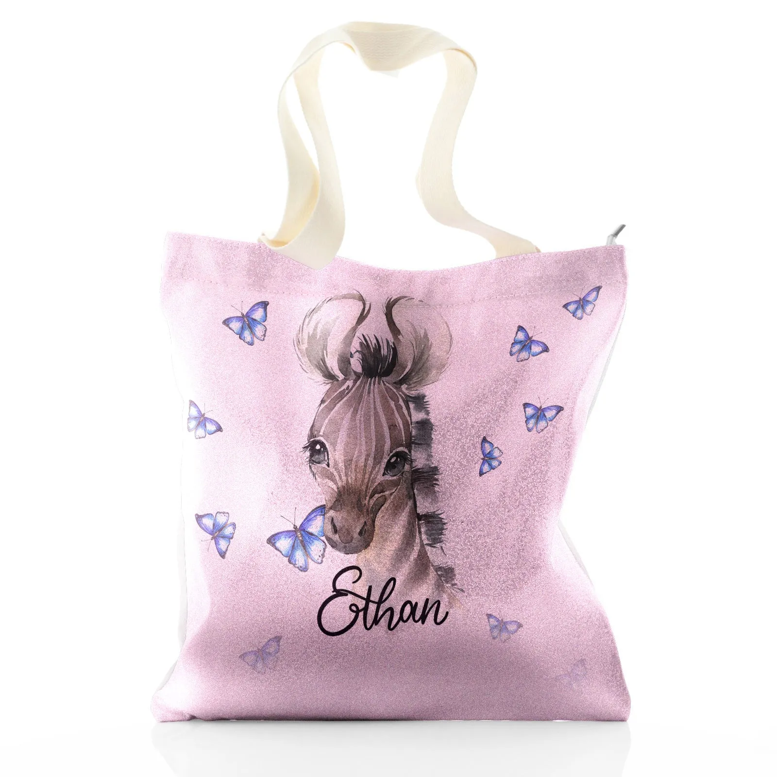 Personalised Glitter Tote Bag with Zebra Blue Butterfly and Cute Text
