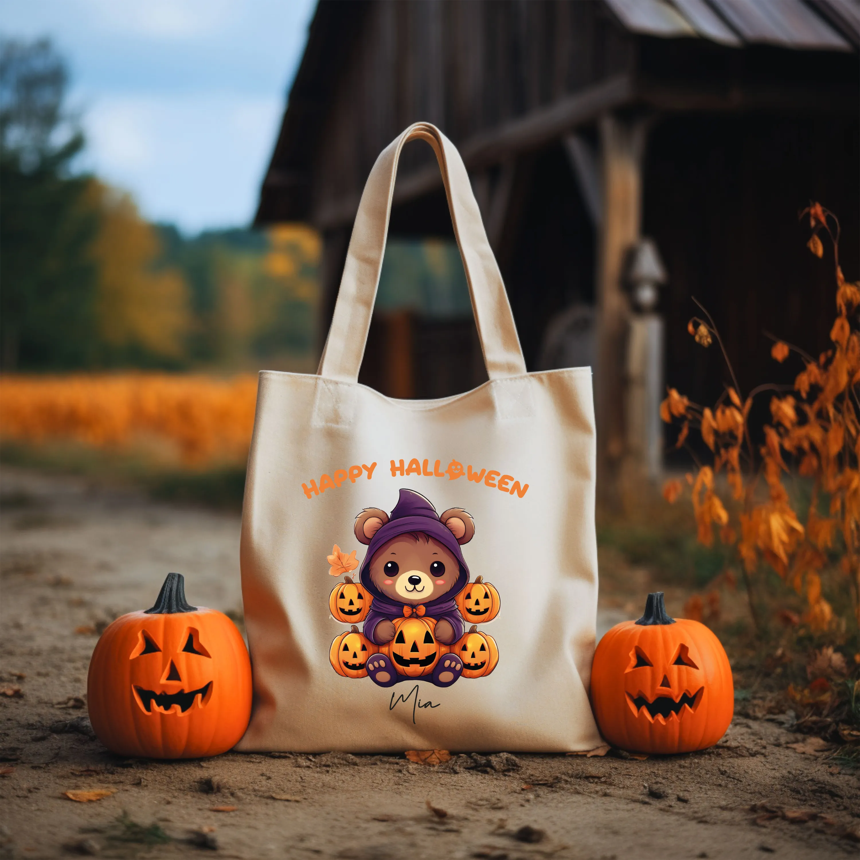 Personalised Halloween Tote Bag | Cute Spooky Bear Design