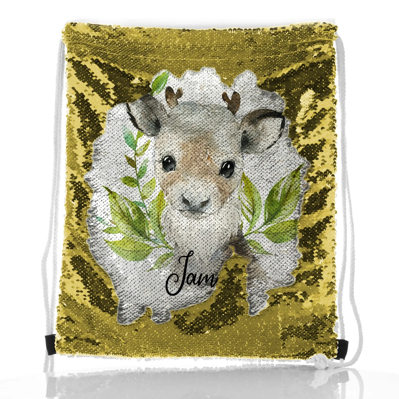 Personalised Sequin Drawstring Backpack with Christmas Reindeer Deer Green Leaves and Cute Text