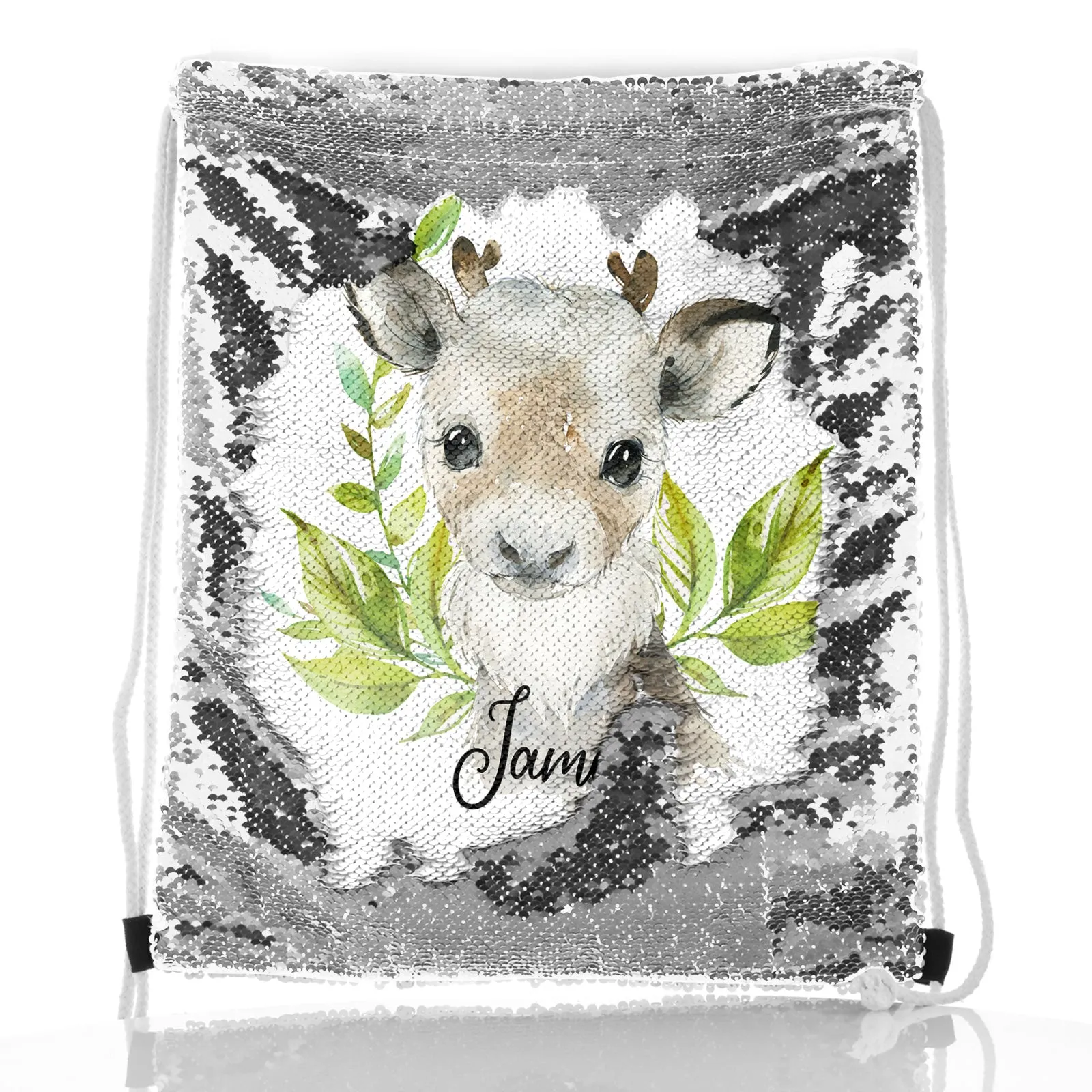 Personalised Sequin Drawstring Backpack with Christmas Reindeer Deer Green Leaves and Cute Text