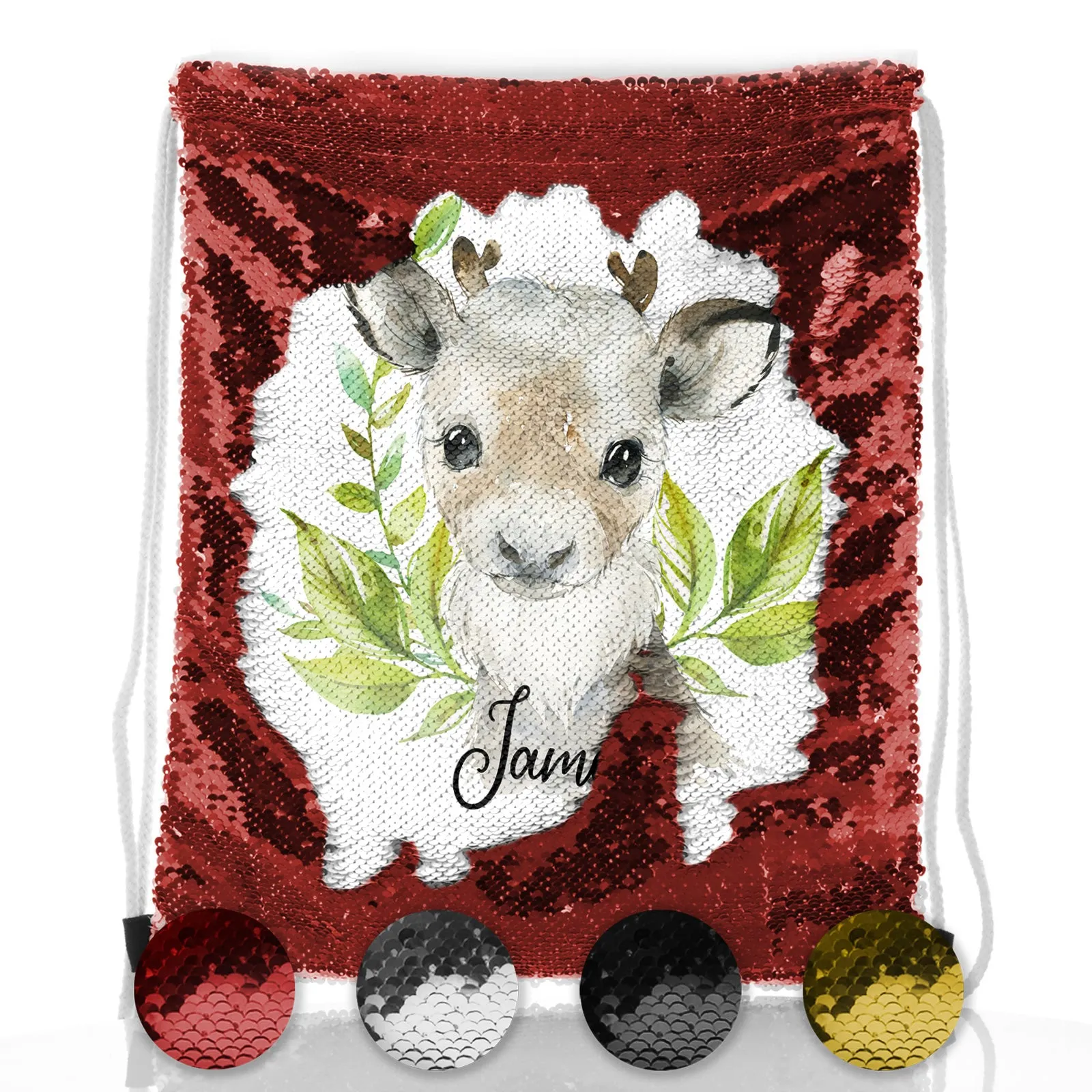 Personalised Sequin Drawstring Backpack with Christmas Reindeer Deer Green Leaves and Cute Text