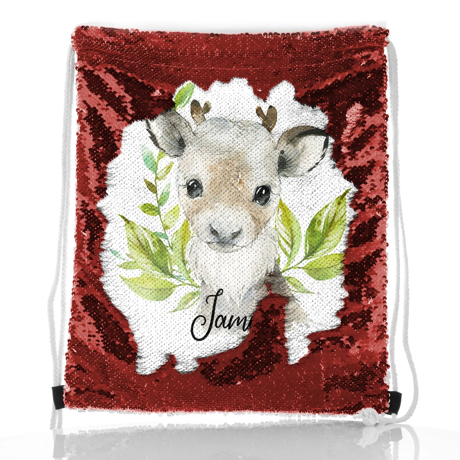 Personalised Sequin Drawstring Backpack with Christmas Reindeer Deer Green Leaves and Cute Text