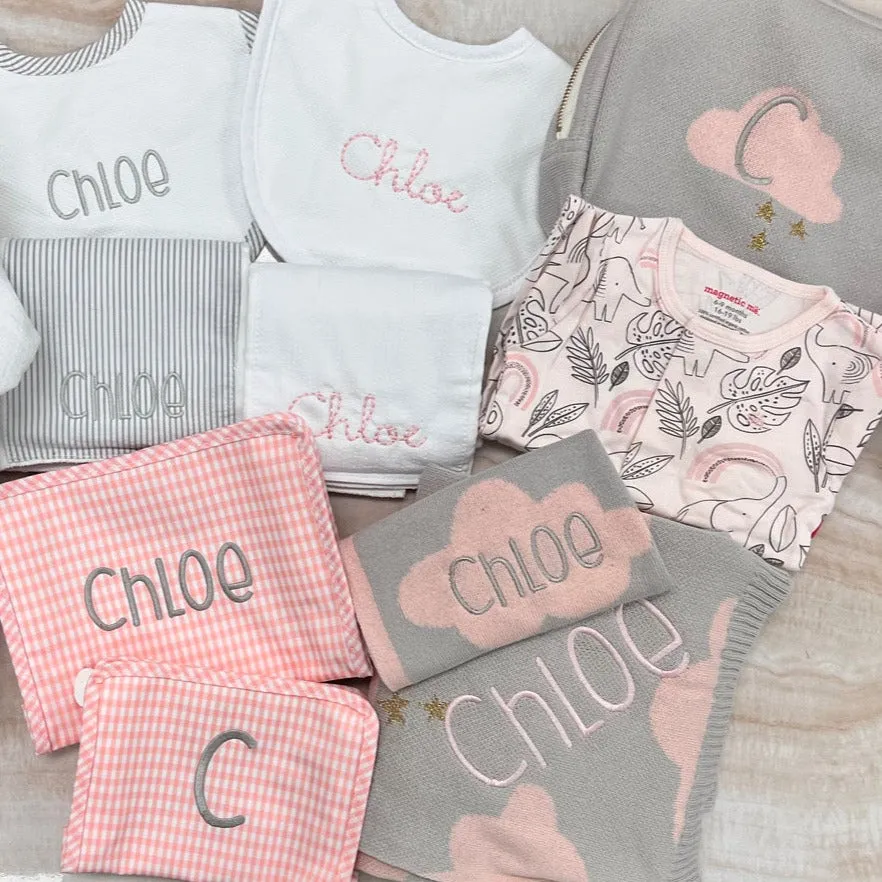 Personalized Baby Travel Set Dreamy Clouds 3 Piece Knitted