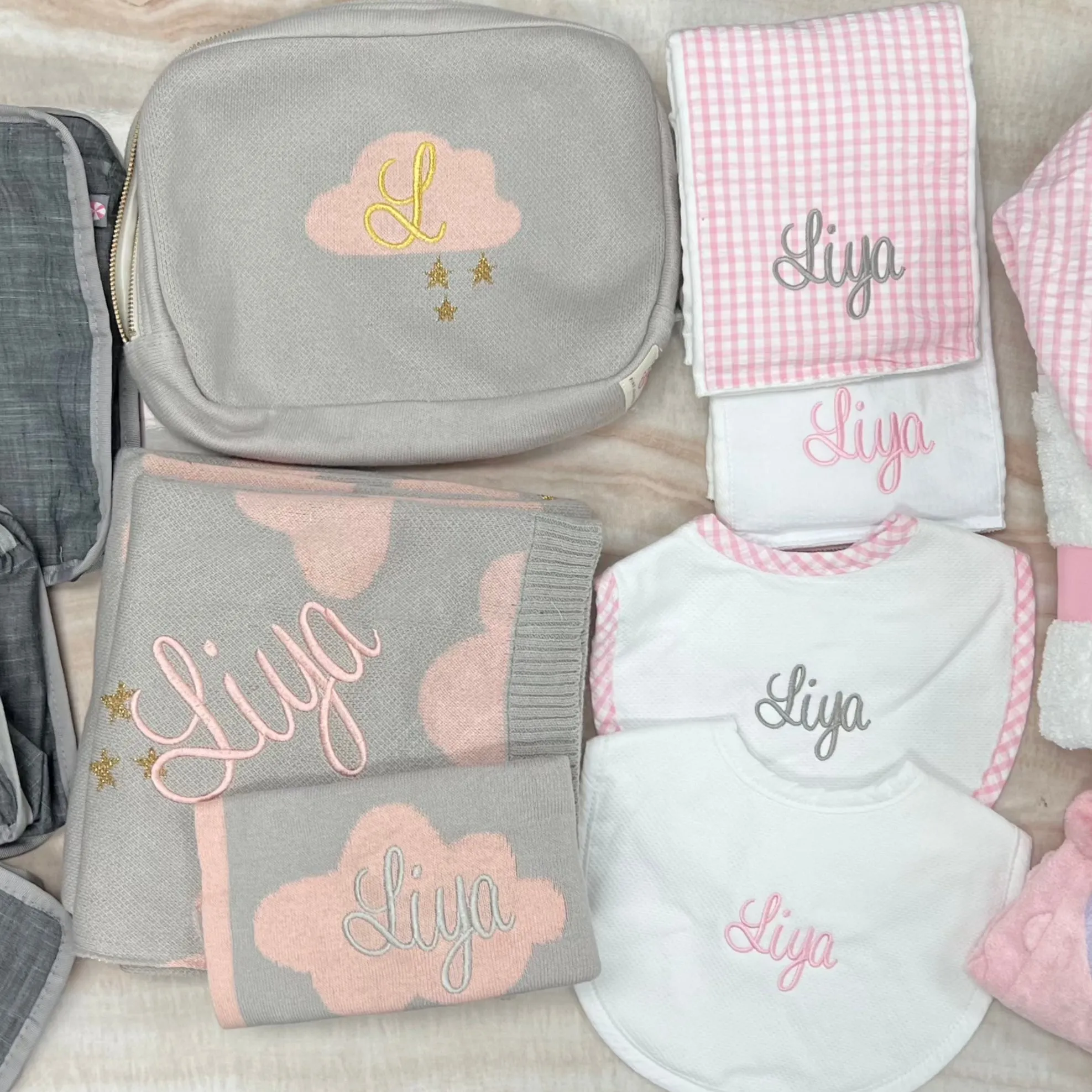 Personalized Baby Travel Set Dreamy Clouds 3 Piece Knitted