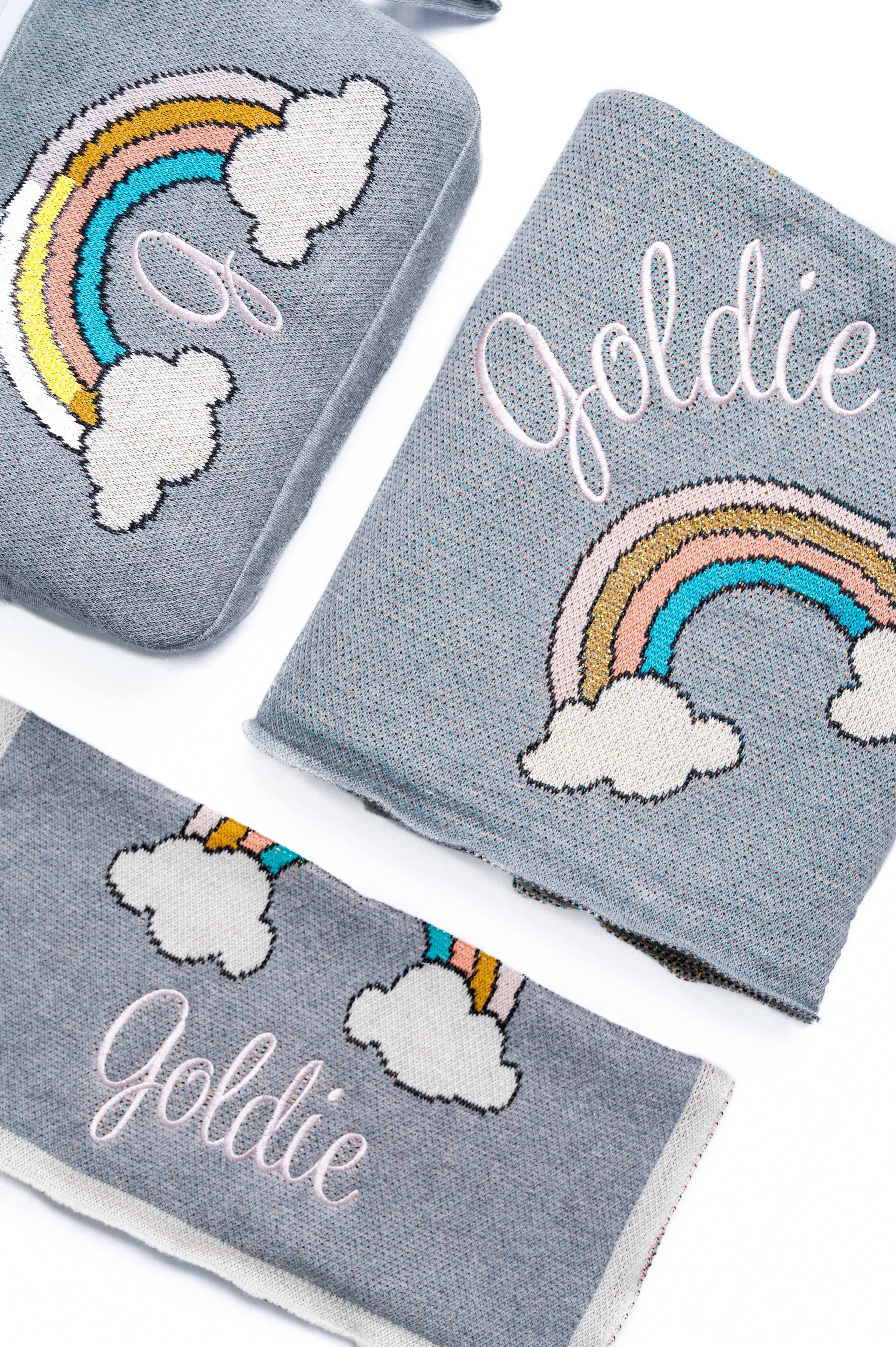 Personalized Baby Travel Set Grey / Gold Rainbow 3 Piece Knitted