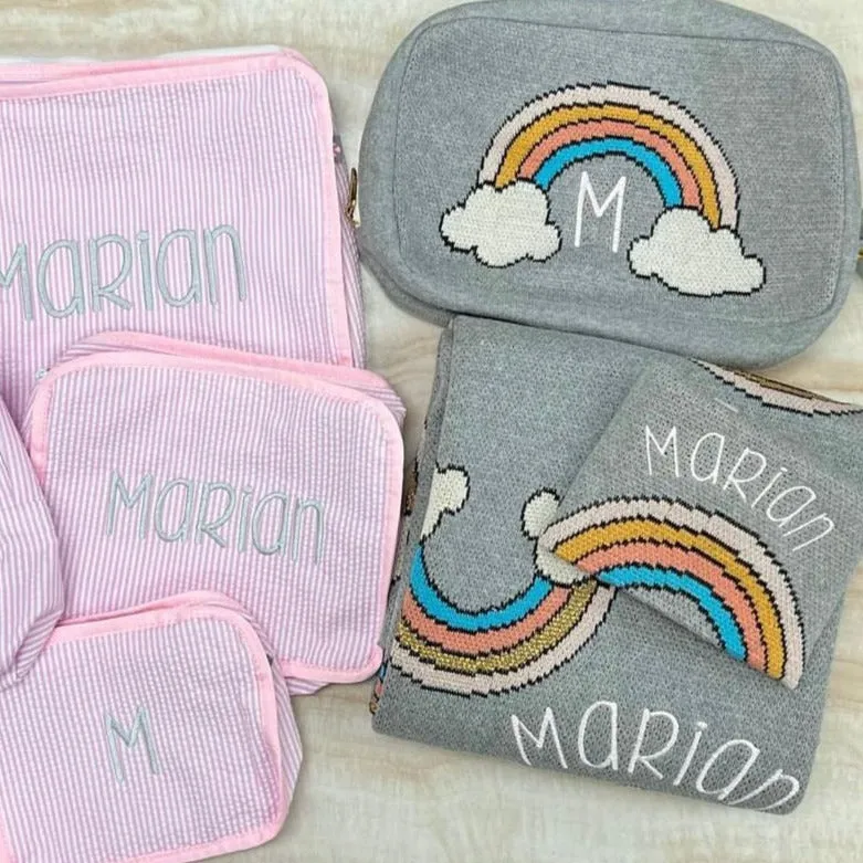 Personalized Baby Travel Set Grey / Gold Rainbow 3 Piece Knitted