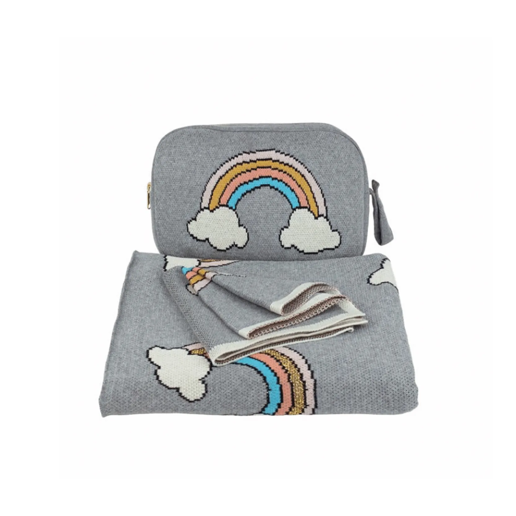 Personalized Baby Travel Set Grey / Gold Rainbow 3 Piece Knitted