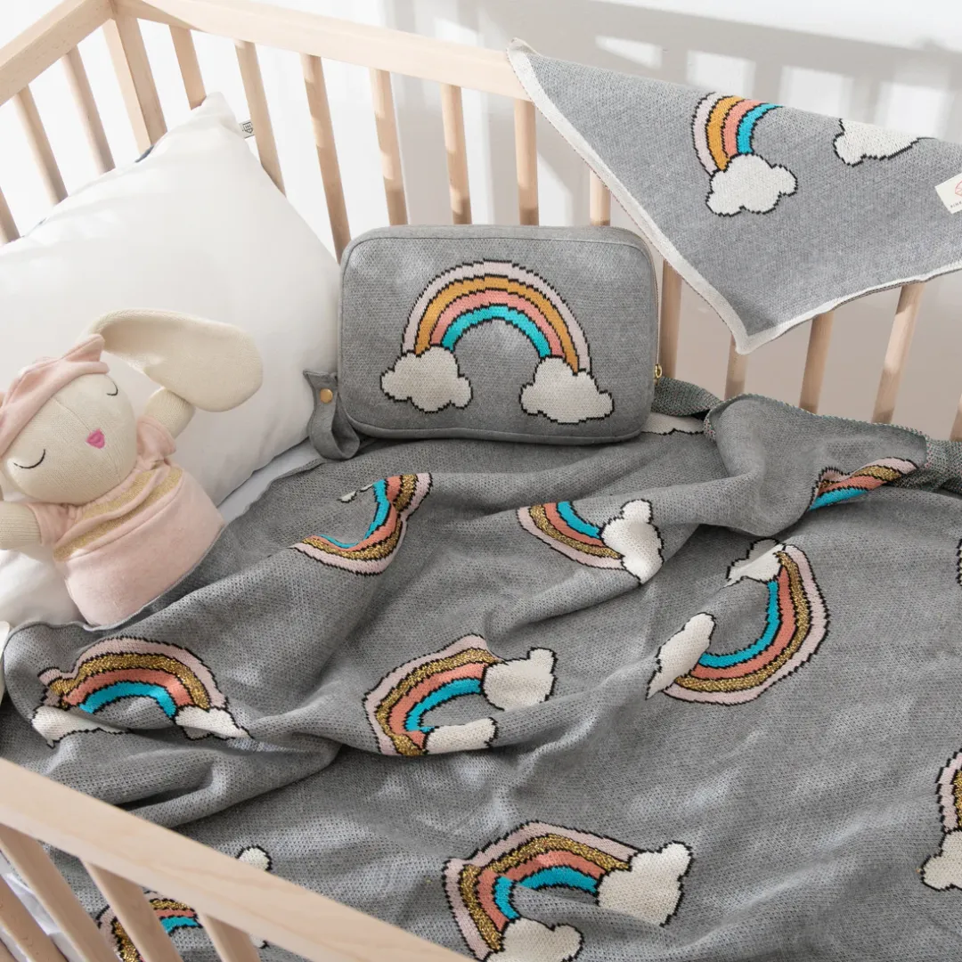 Personalized Baby Travel Set Grey / Gold Rainbow 3 Piece Knitted