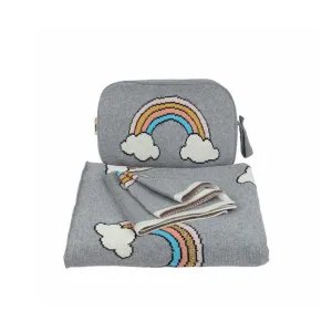 Personalized Baby Travel Set Grey / Gold Rainbow 3 Piece Knitted