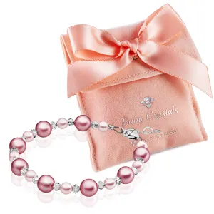 Personalized Birthstone Bracelets for Girls -White and Rose Simulated Austrian Pearls Crystals, Sterling Silver Initial Charm Bracelet Jewelry for Babies to teens, Customized Alphabet Letters